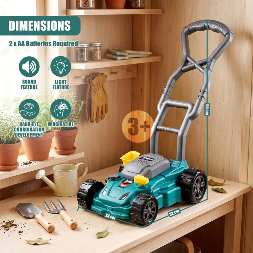 Toy Lawn Mower for Kids Garden Outdoor Play Tool with Lights Sounds & Role Play Fun