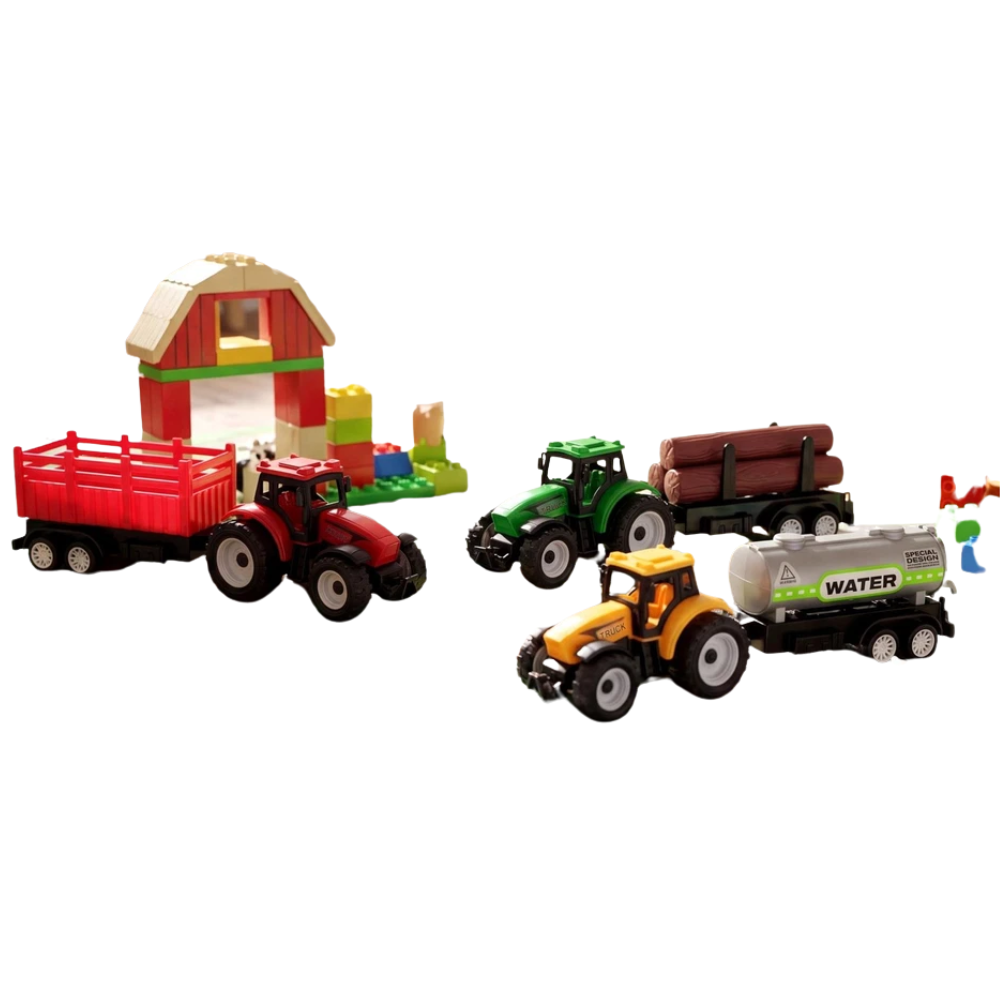 3 Piece Farm Tractor Toy Set with Trailer Kids Plastic Farm Vehicle Playset