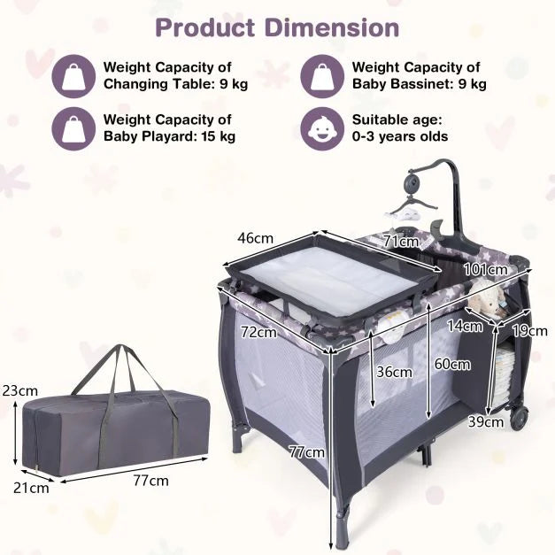 Baby Activity Center 3-in-1: Foldable Pack and Play with Changing Table