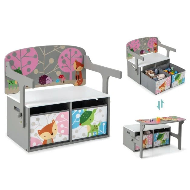 3-in-1 Kids Play & Art Bench with Two Removable Storage Bins
