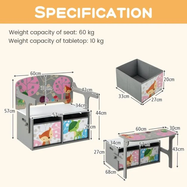 3-in-1 Kids Play & Art Bench with Two Removable Storage Bins