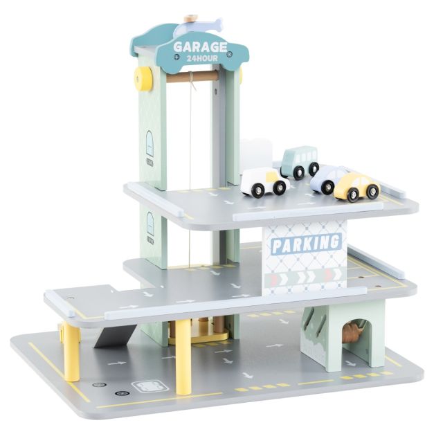 Wooden Toy Garage Playset with 3 Layers, 4 Cars, and Helicopter