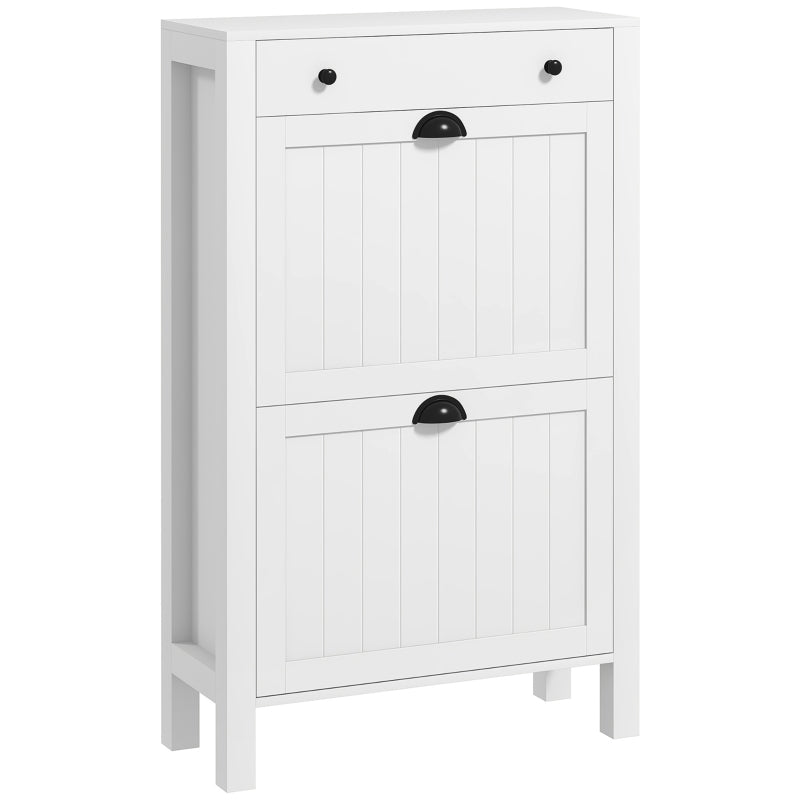 Slim White Shoe Cabinet with Flip Drawers and Adjustable Shelves