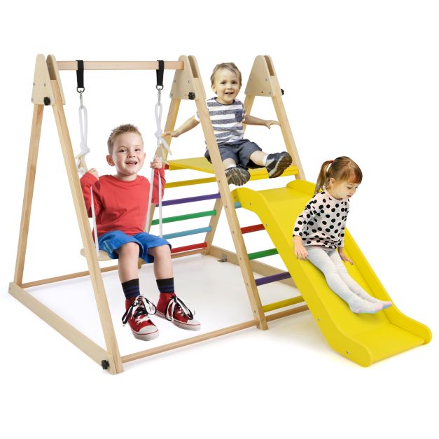 3-in-1 Foldable Indoor Wooden Jungle Gym Climbing Toy Set with Swing