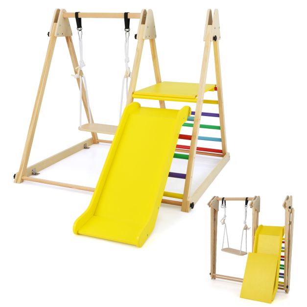 3-in-1 Foldable Indoor Wooden Jungle Gym Climbing Toy Set with Swing