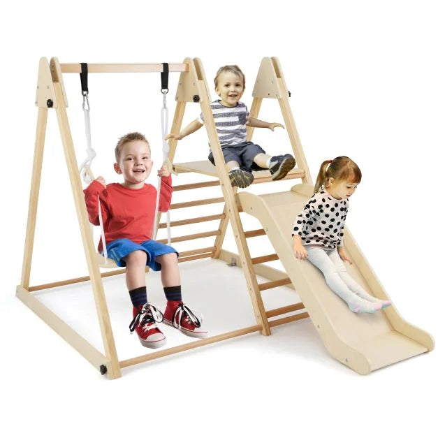 3-in-1 Foldable Indoor Wooden Jungle Gym Climbing Toy Set with Swing