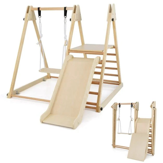 3-in-1 Foldable Indoor Wooden Jungle Gym Climbing Toy Set with Swing