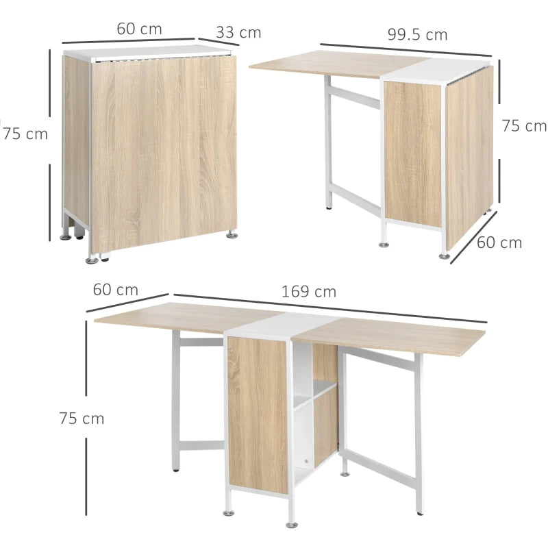 Small Space Dining Table – Drop Leaf Foldable Table with Storage, Oak/White