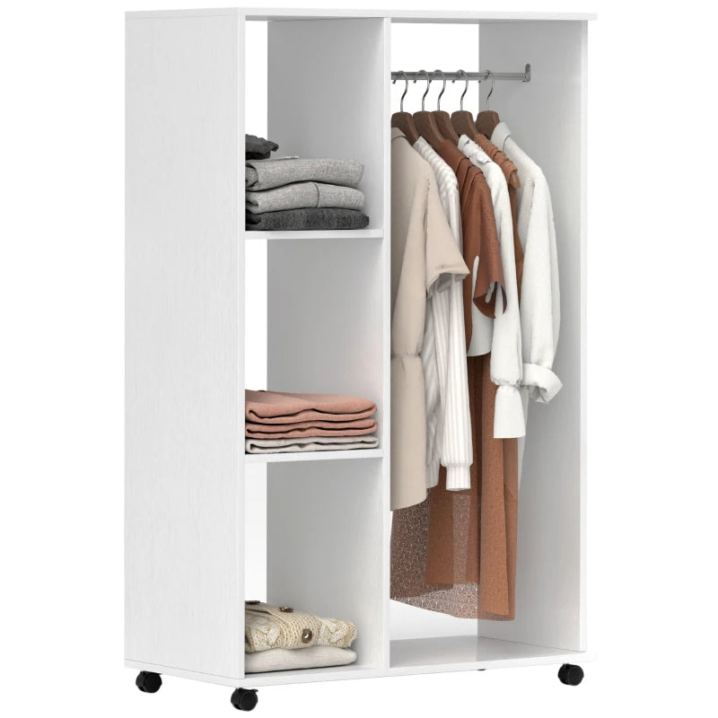 Bedroom Wardrobe with Hanging Rail, 3 Shelves & Wheels, White Finish