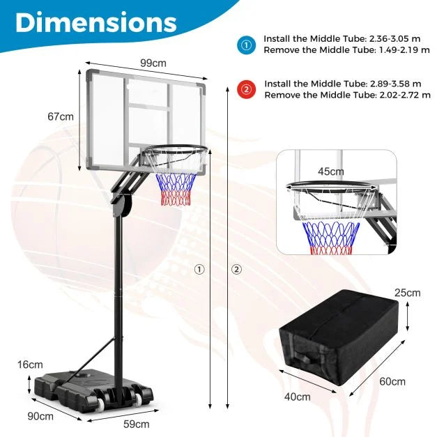 Portable Adjustable Basketball Hoop 2.36–3.05m with Backboard & Weight Bag