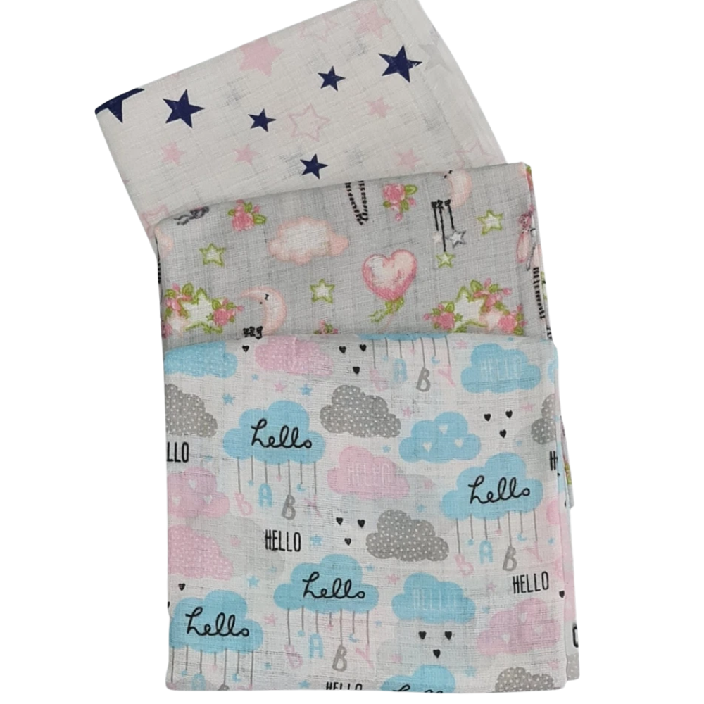 3 Pack Xl Large Printed Muslin Squares for Babies, Reusable 100% Cotton Nappy Cloths
