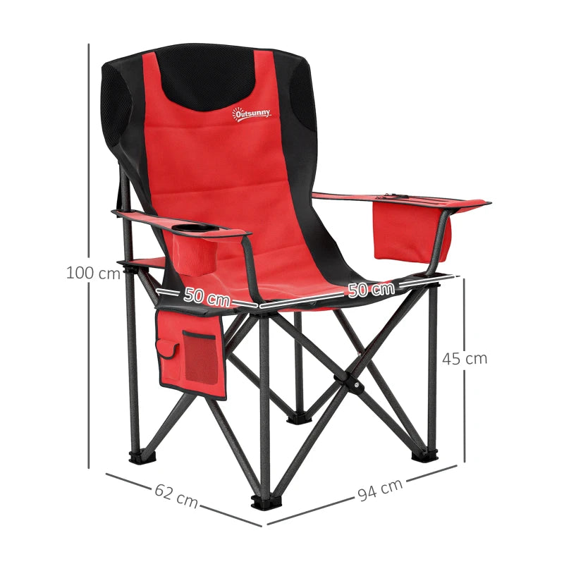 Red Folding Camping Chairs with Cooler Bag & Adjustable Armrests