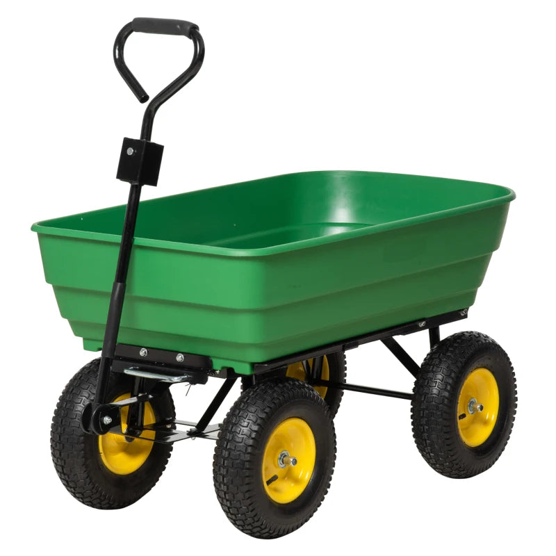 Heavy Duty 4-Wheel Garden Cart Trolley – Large Capacity Dump Wheelbarrow Trailer, Green