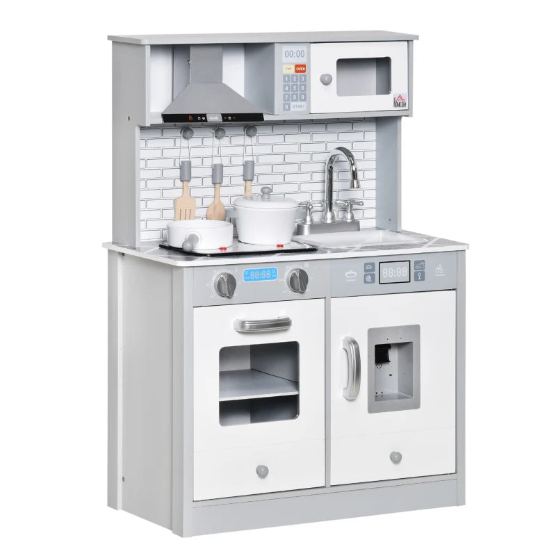 Battery-Operated Wooden Toy Kitchen Set with Sound, Light, Ice Machine & Marble Counter
