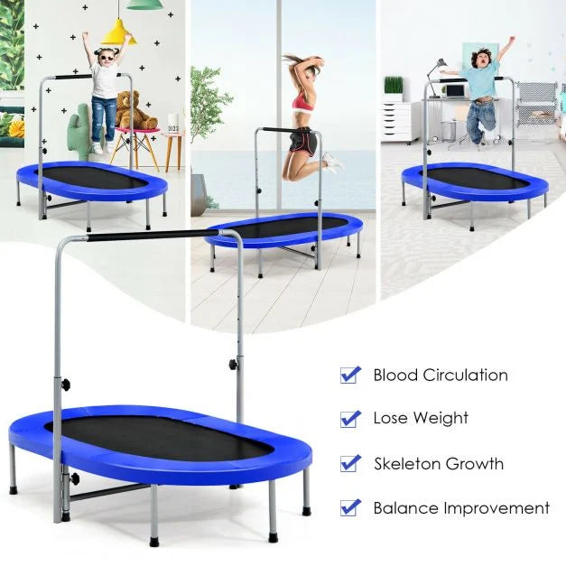 Foldable Dual Fitness Trampoline with Adjustable Handrail for Indoor Exercise