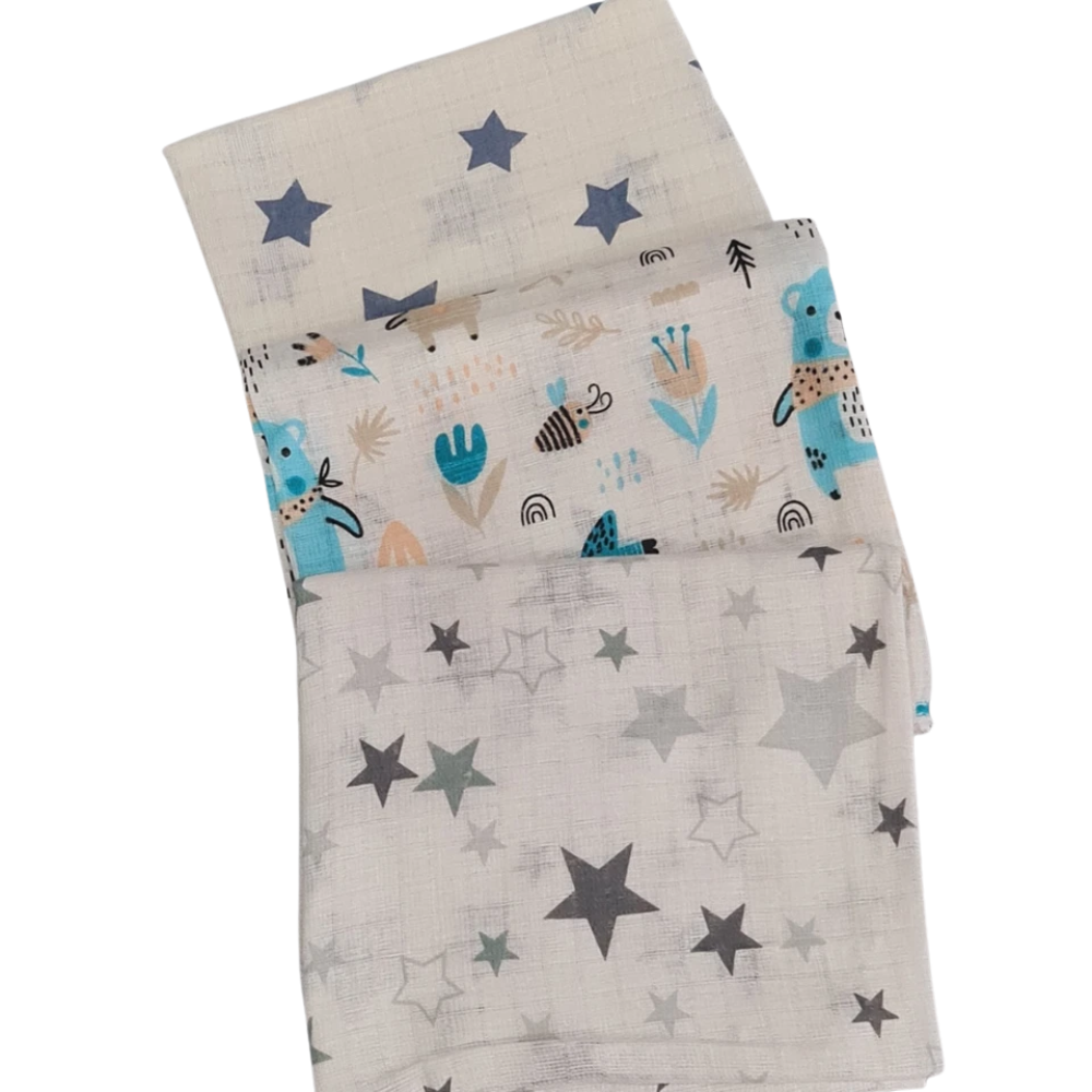 3 Pack Xl Large Printed Muslin Squares for Babies, Reusable 100% Cotton Nappy Cloths