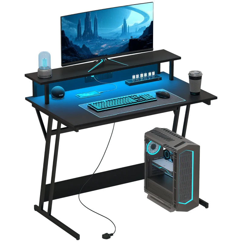 Gaming Desk with LED Lighting – Dual Tier, Black