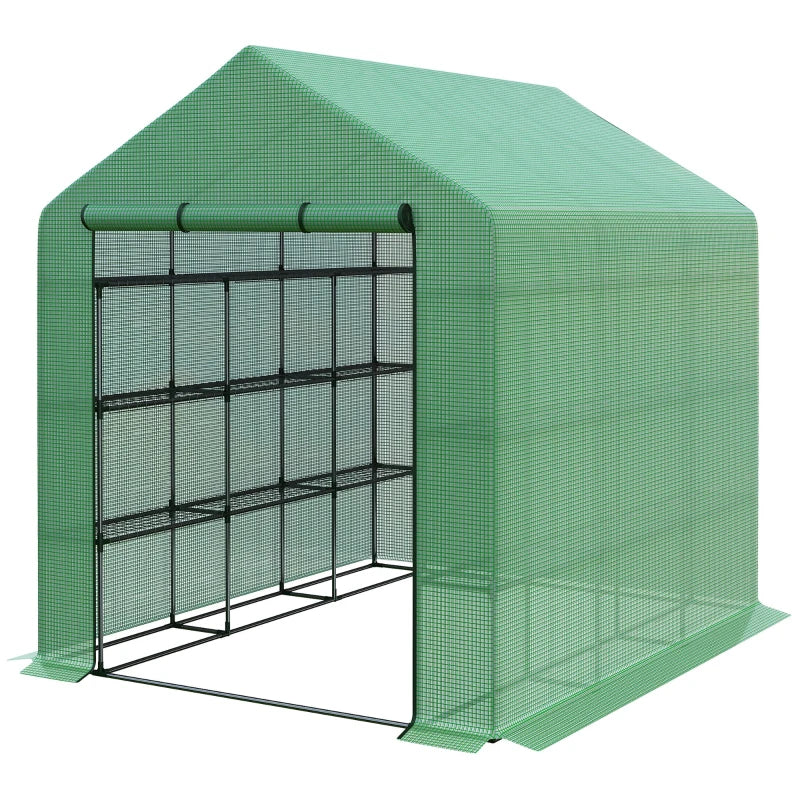 Walk-In Greenhouse with 24 Shelves and Roll-Up Zipped Door Green, 244 x 180 x 210 cm