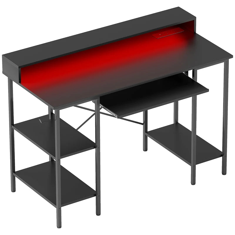 Black Gaming Desk with Sliding Tray & Storage Shelves