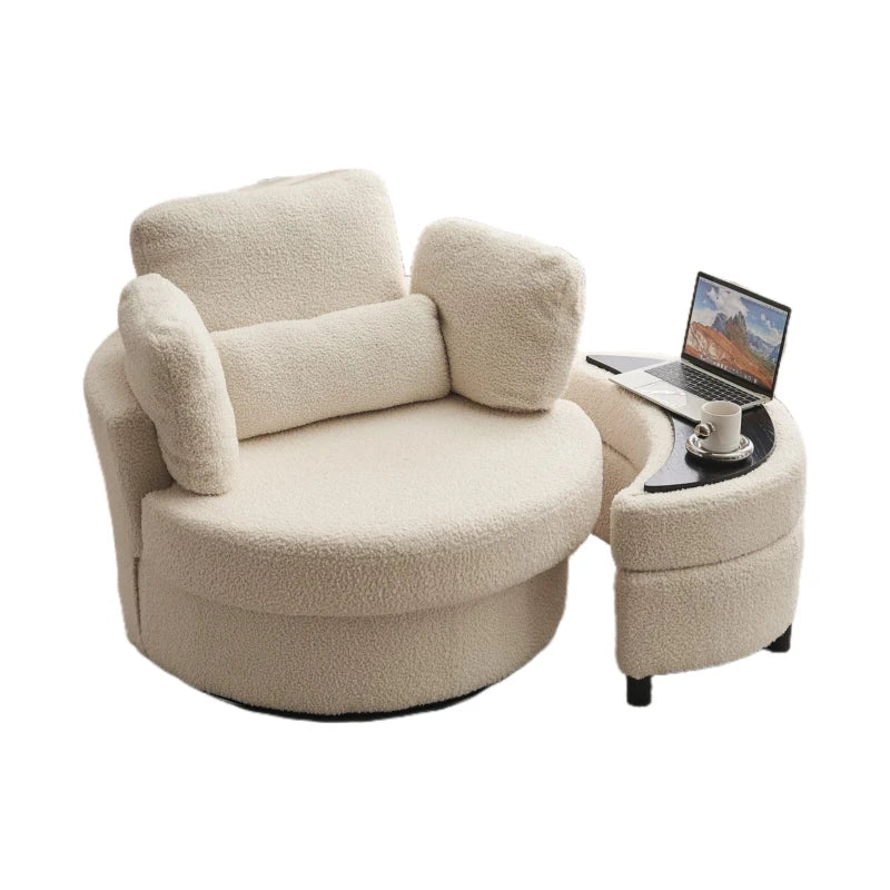 Teddy Fabric Swivel Armchair with Ottoman & Cushions 360° Recline - White