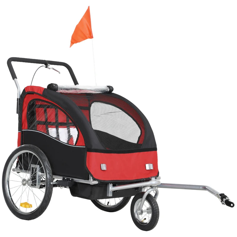 2-Seat Bike Trailer – Baby Stroller with 5-Point Harness, Red