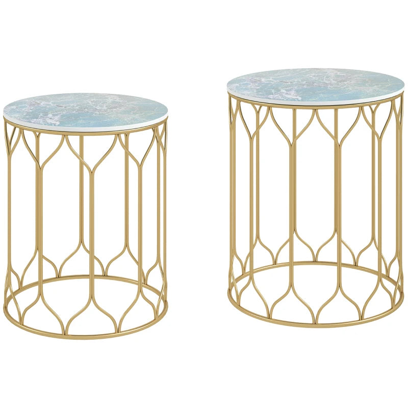 Modern Round Coffee Table Set of 2 with Ceramic Tile Tops for Indoor and Outdoor Use
