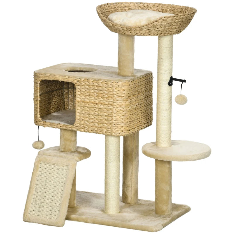 Cat Tree Tower 95cm with Scratching Post, Cat House & Toy Ball – Beige