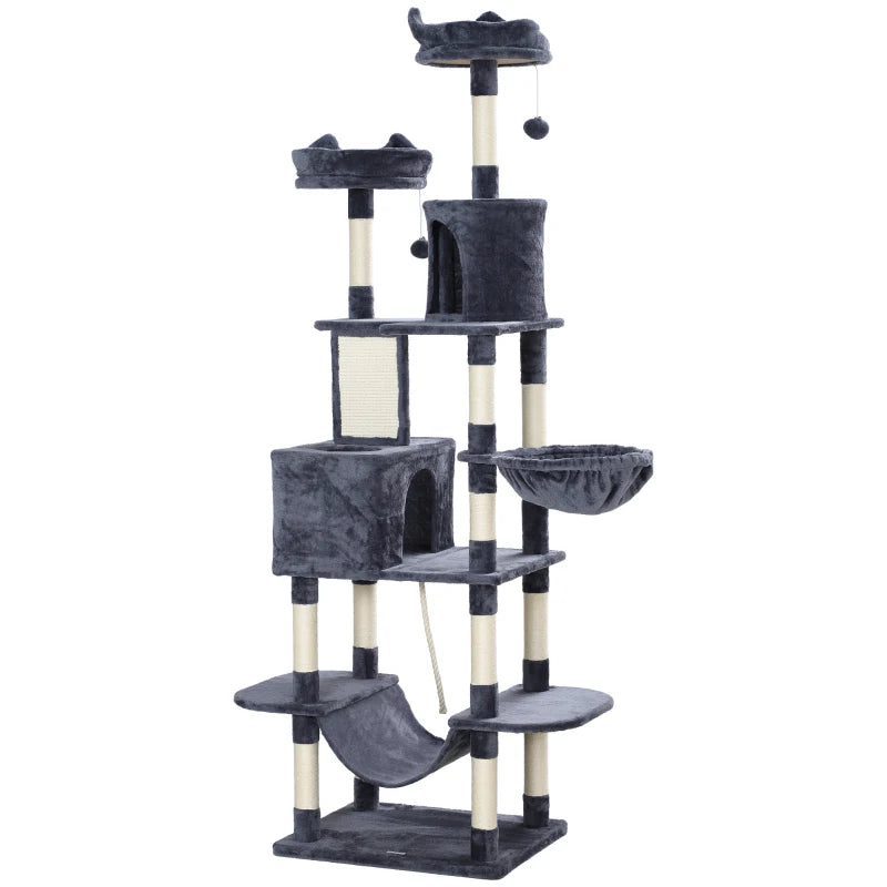 Dark Grey Multi-Level Cat Tree 206cm with Scratching Posts & Toys