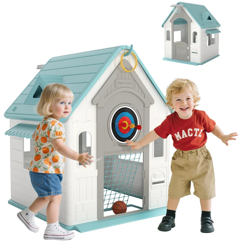 5-in-1 Kids Playhouse with Basketball Hoop, Football Goal, Dartboard & Ring Toss