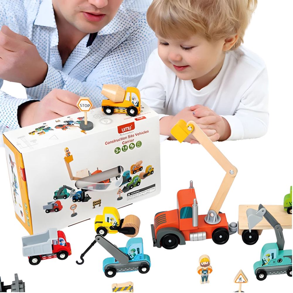 RLS 14-Piece Wooden Construction Vehicle Toy Set with Transport Truck, Digger and Road Signs