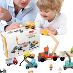 RLS 14-Piece Wooden Construction Vehicle Toy Set with Transport Truck, Digger and Road Signs
