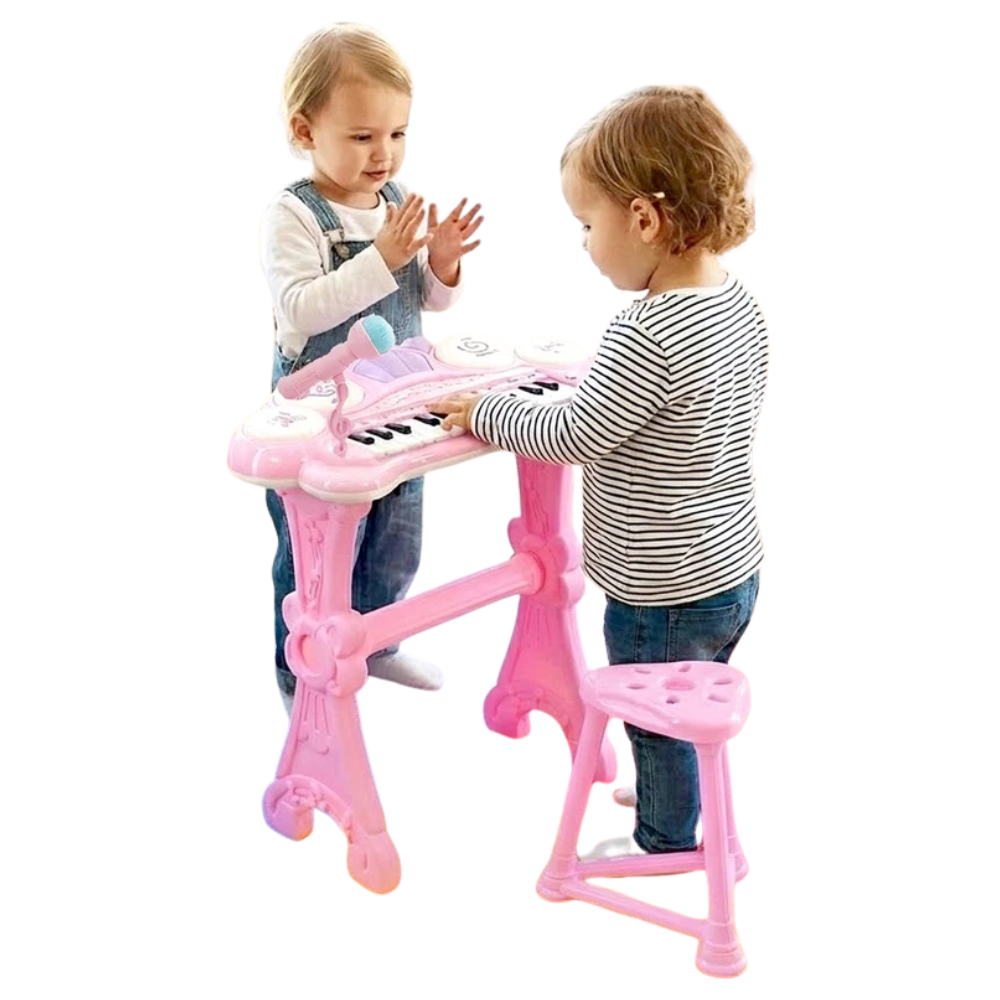 Kids Pink Piano Keyboard with Microphone Stool Record Playback Musical Toy Set 24 Key Fun