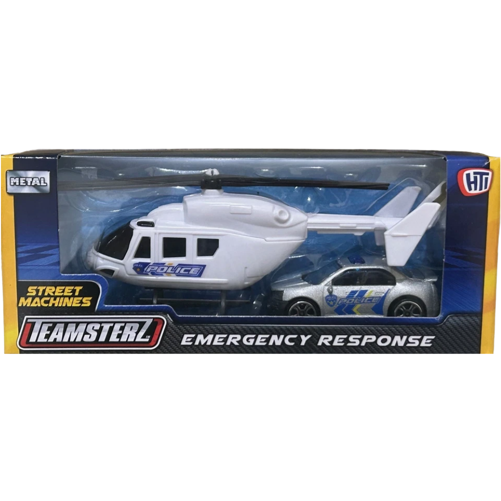 Teamsterz Rescue Fire Police Helicopter and Car Playset Diecast Toy 1:64–1:87