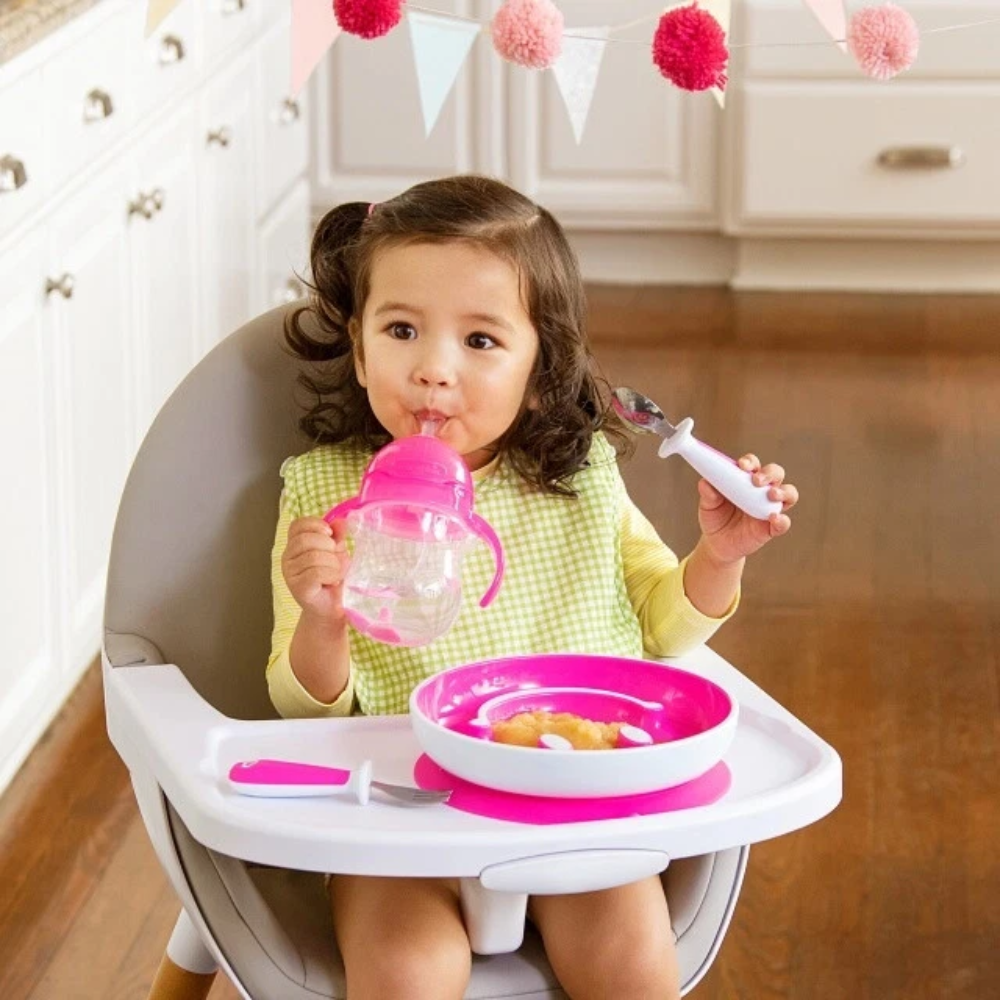 Munchkin Be Happy Toddler Dining Set Pink, Suction Plate, Straw Cup, Fork and Spoon