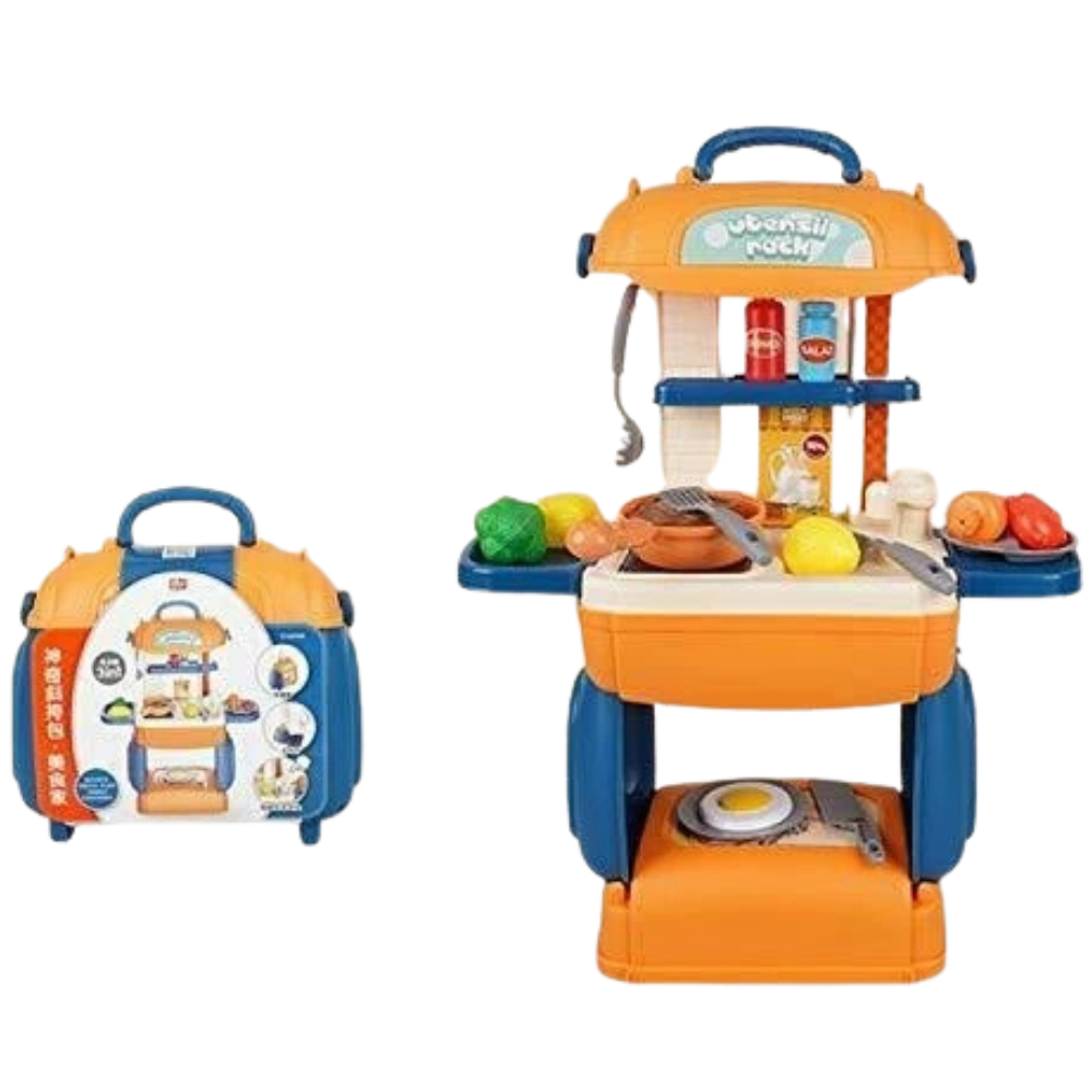 3-In-1 Portable Kids Kitchen Playset Suitcase with 31 Accessories Pretend Cooking Toy Set