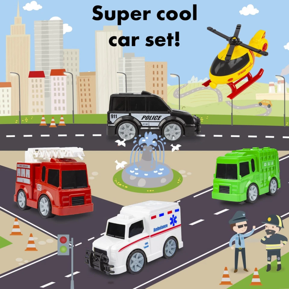 Abeec Emergency Vehicles Toy Set 5 Pack Police Fire Ambulance Helicopter Bin Lorry Pretend Play 3+
