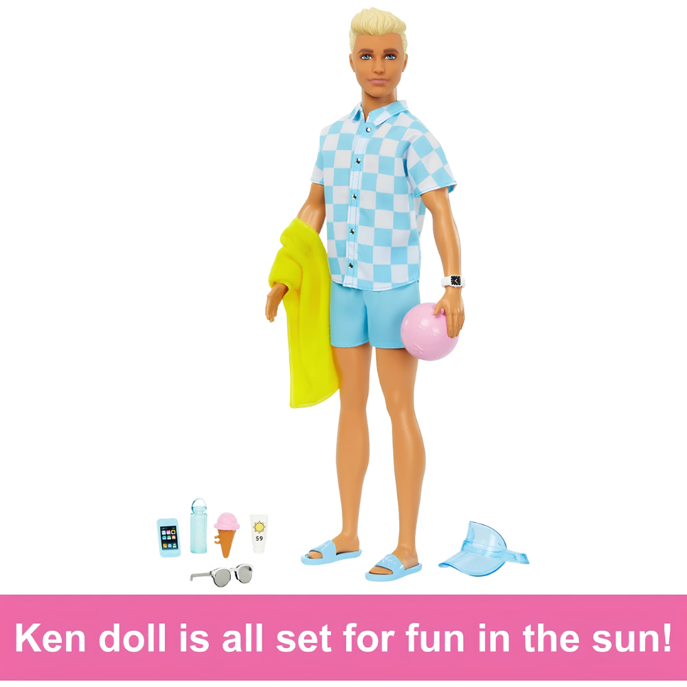 Barbie Ken Beach Doll Blonde Hair Blue Shirt Swim Trunks Accessories Towel Toy 3+
