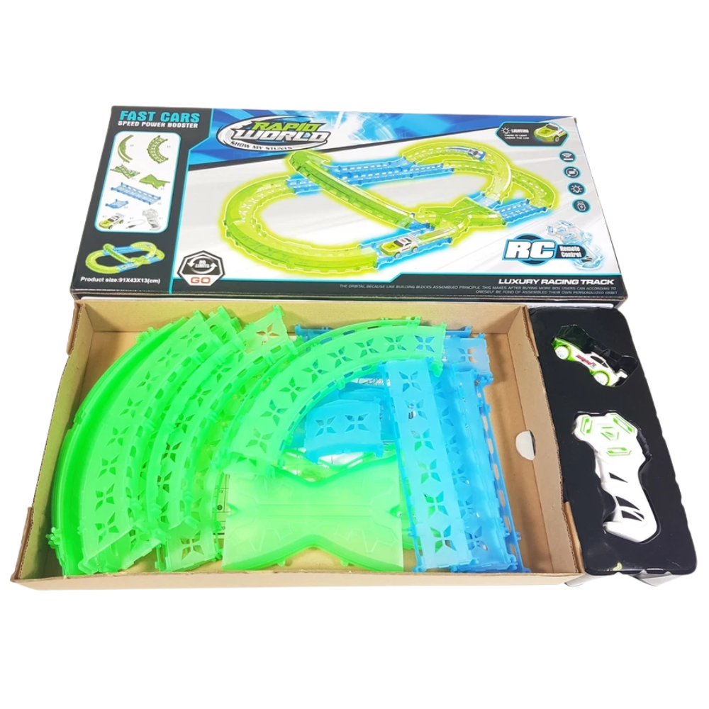 Glow in the Dark Stunt Race Track Set 31 Piece Rc Remote Control Car Kids Gift Toy Set