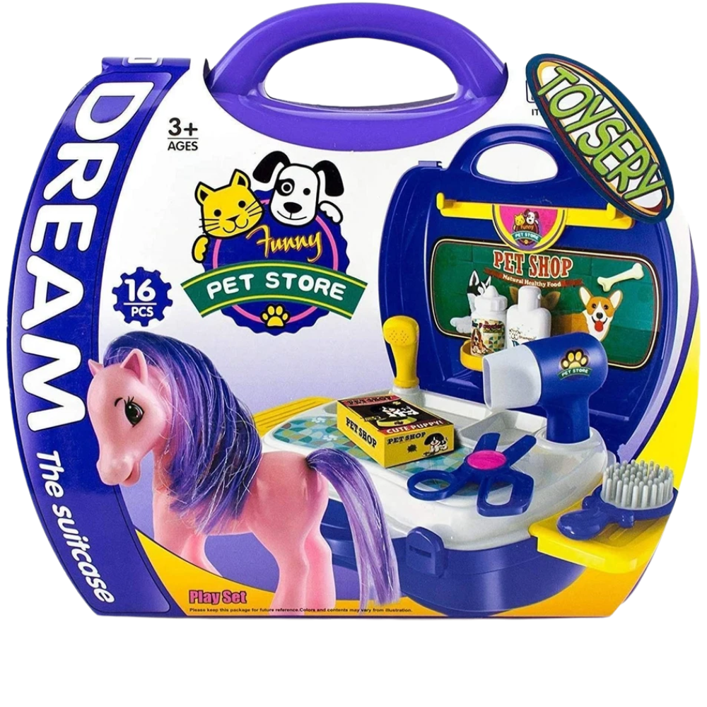 Kids Pony Grooming Play Set 16PCS Pet Salon Toy with Portable Suitcase for Children