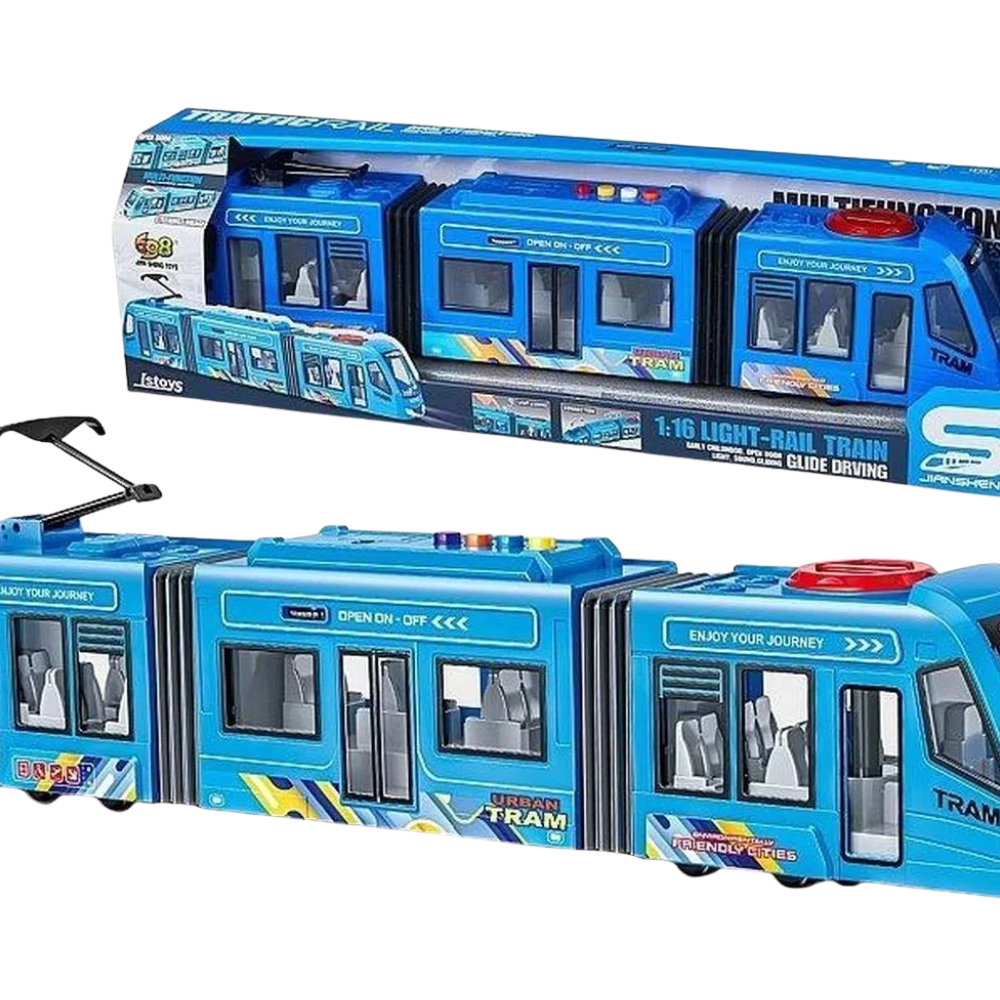 1:16 Tram Train Toy with Lights, Sounds, Opening Doors and Blue Electric Rail Design