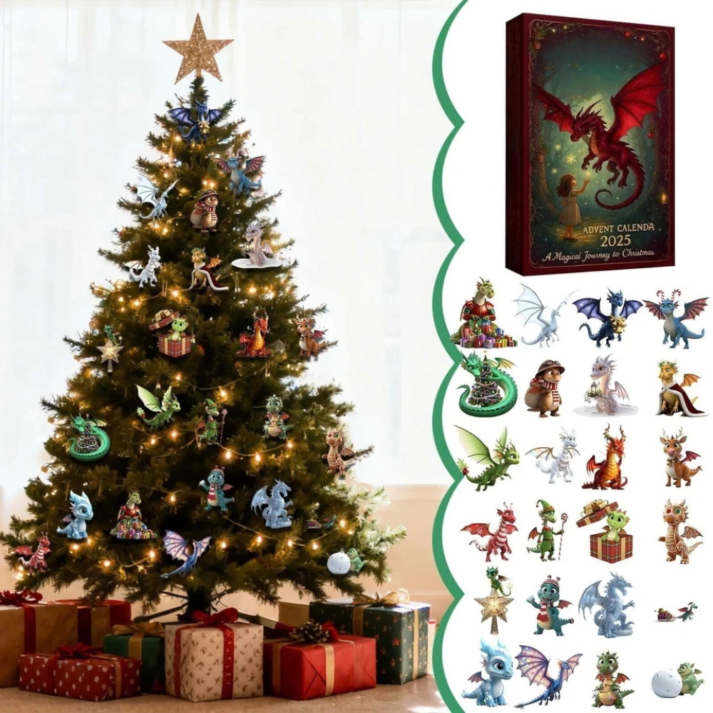 2026 Dragon Advent Calendar Box with 24 Acrylic Christmas Tree Ornaments for Xmas Holiday Decor