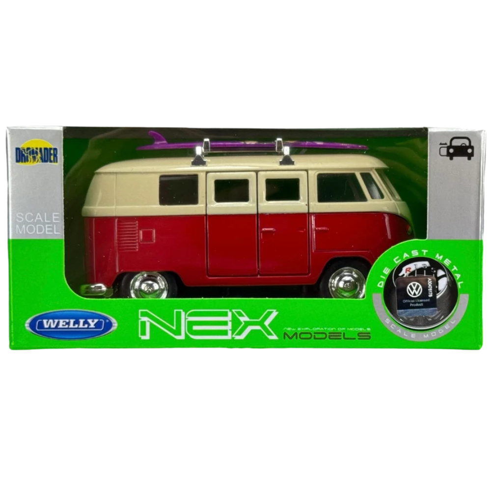 Welly 1963 Volkswagen T1 Bus Surfing Car Diecast Model Toy Red 1:34-1:39 Scale Collectible