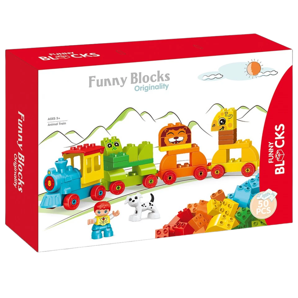 50PCS Animal Train Building Blocks Set with Puppy Figure Toy for Kids Ages 3+ Perfect Gift