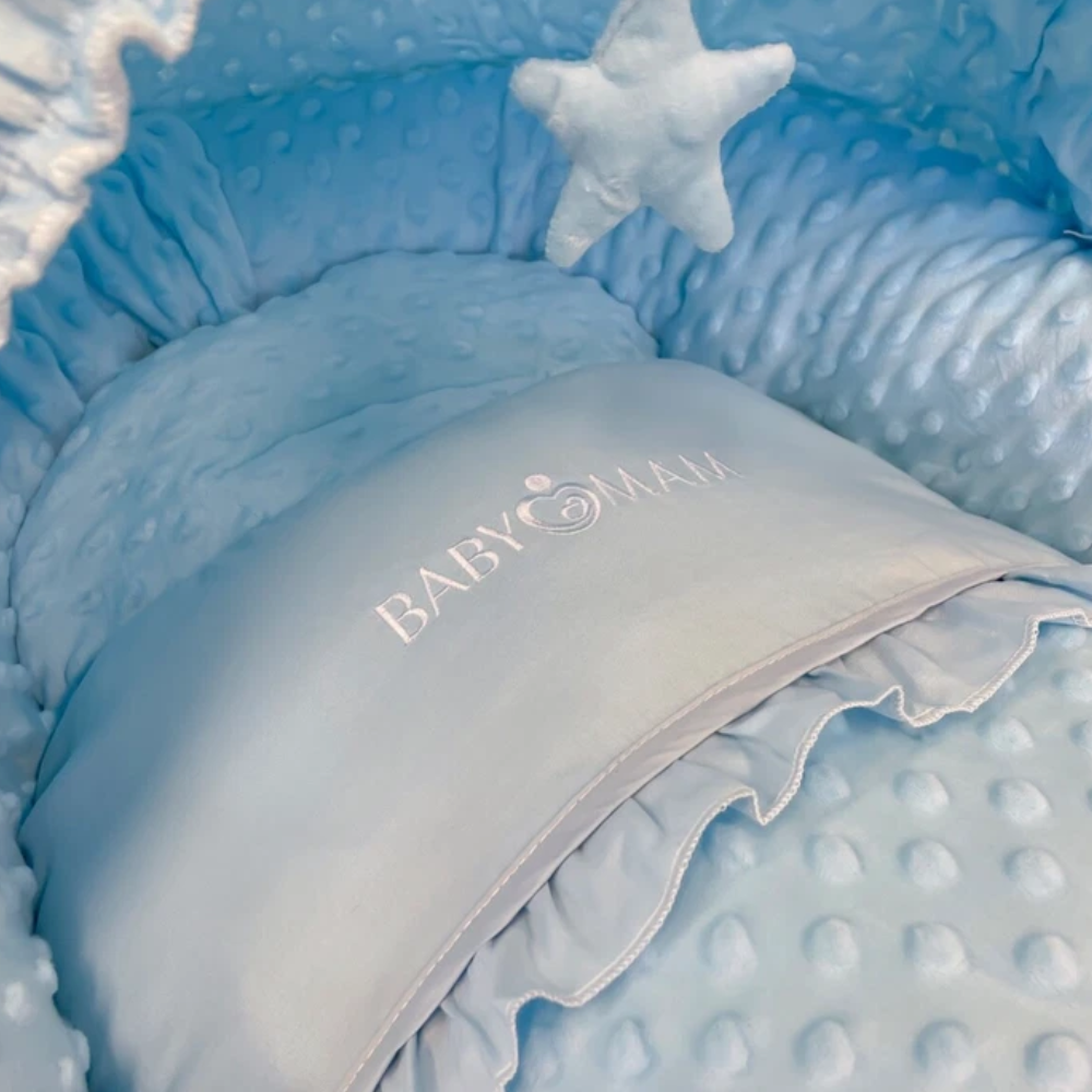 Luxury Wicker Moses Basket Baby Full Set Padded Liner Mattress & Hood Dimple Bedding Grey & Blue
