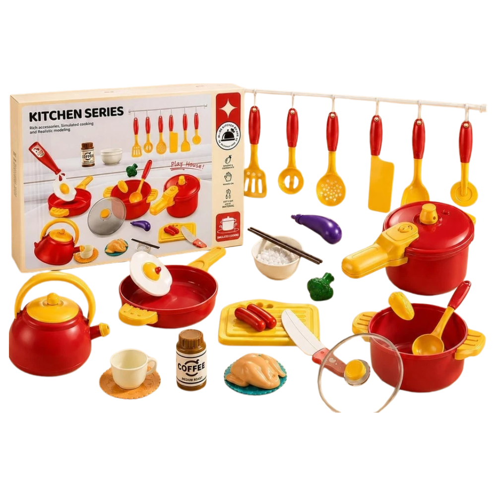 Kids Pots and Pans Playset 26 Piece Realistic Kitchen Accessories with Play Food Toy Set