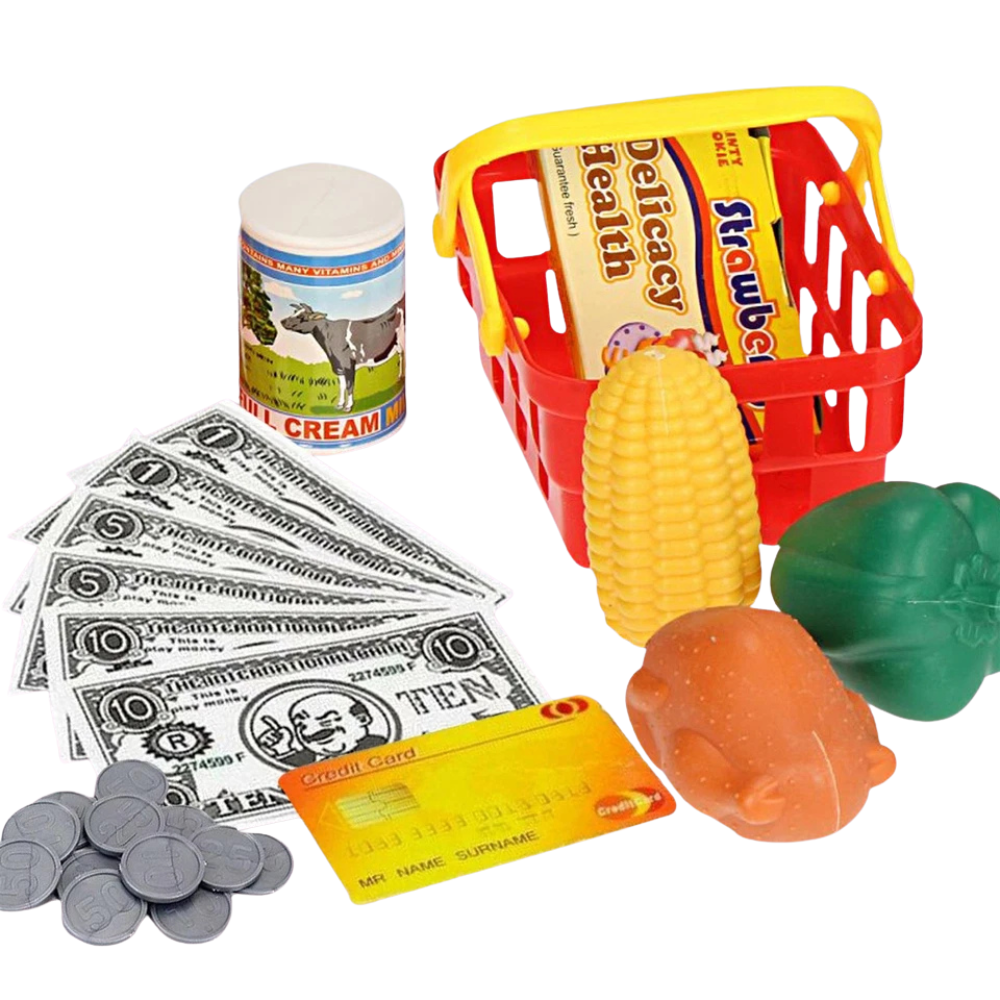 Kids Electronic Cash Register Toy Working Scanner Till Play Food Shopping Basket Lights Sounds