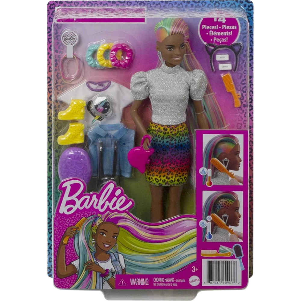 Barbie Leopard Rainbow Hair Doll with Accessories Cheetah Print Hair Kids Toy
