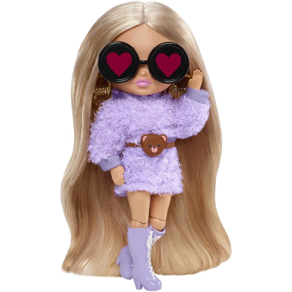 Barbie Extra Minis Doll 5.5 Inch Fluffy Purple Fashion Outfit with Doll Stand Toy