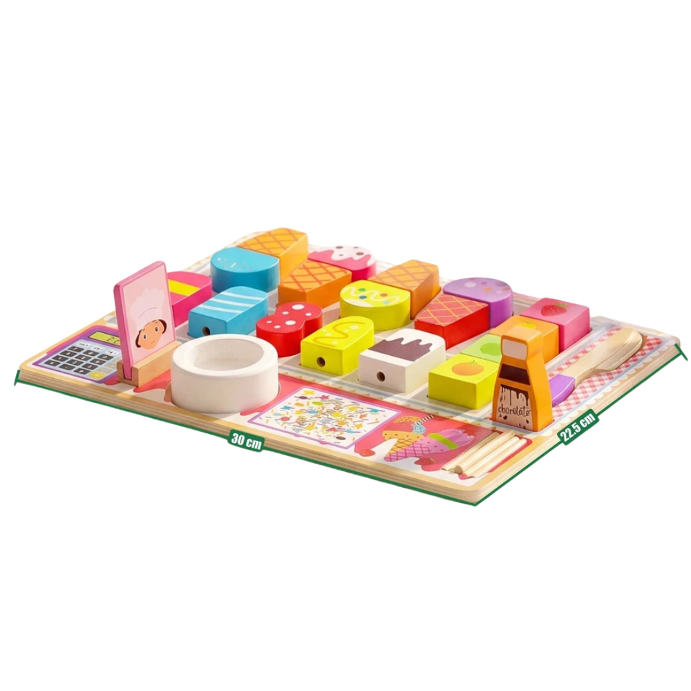 Kids Wooden Ice Cream Shop Set Toy Pretend Play Cafe Kitchen Set Cones Popsicles Fruits