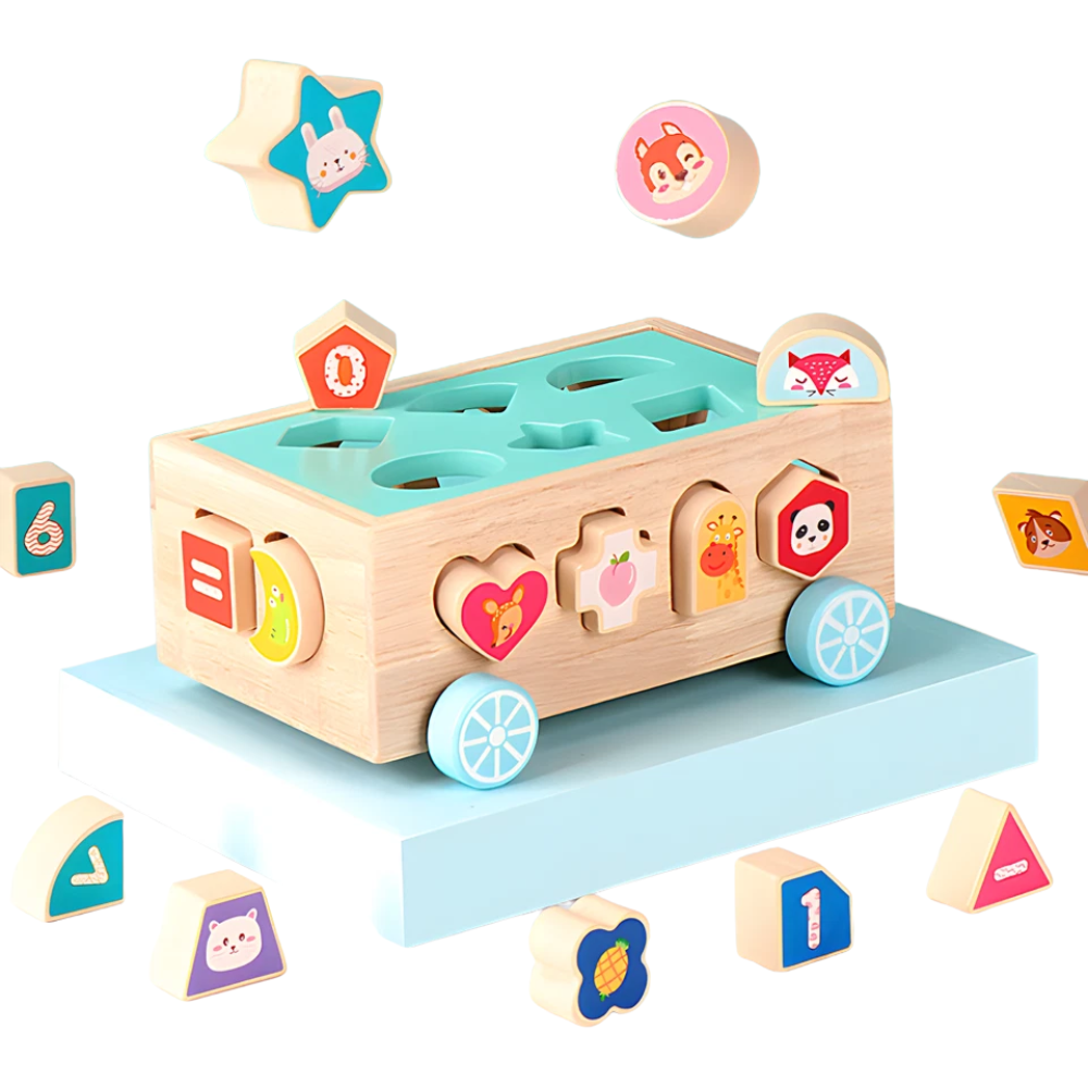 Wooden Pull-Along Matching Car Toy with 18-Hole Intelligence Box, Early Learning Game